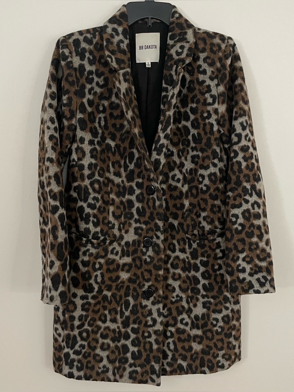 BB Dakota Leopard Print Wool Blend Coat Jacket Size S Button Closure